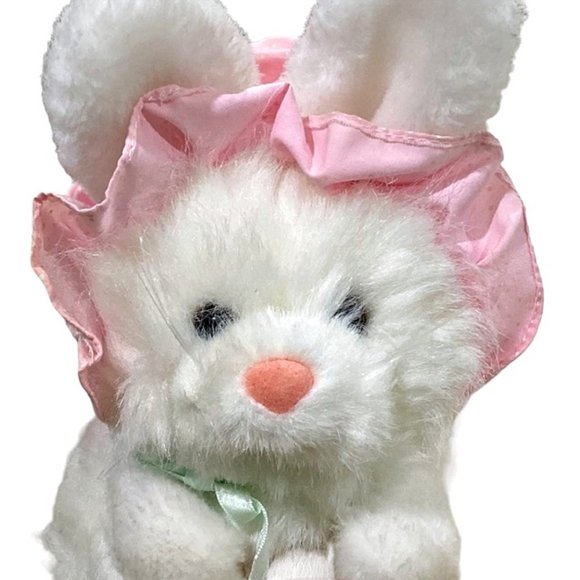 Vintage Applause White Easter Bunny 8" Stuffed Plush - Bonnet Straw Basket Eggs - Picture 3 of 12